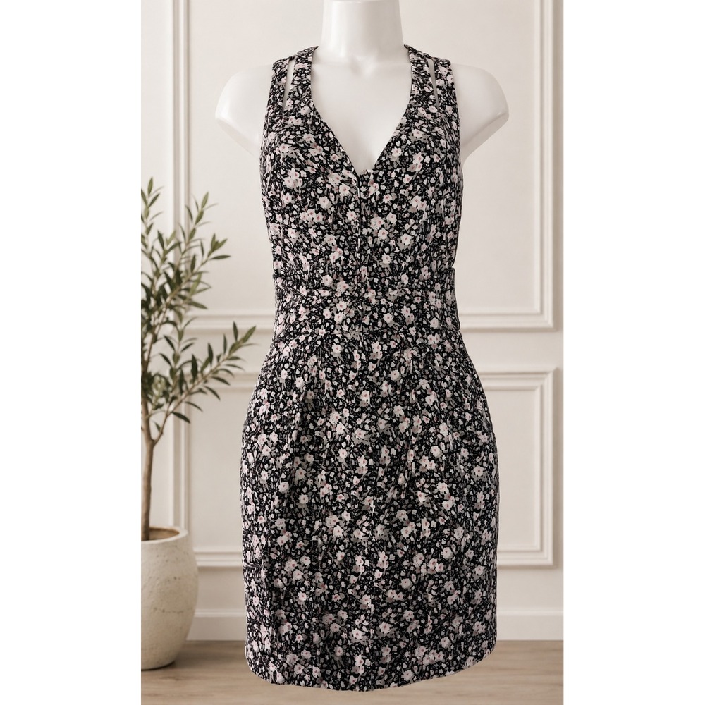 AllSaints Spitalfields Floral Mini Dress Racerback Button Front Black Size 10